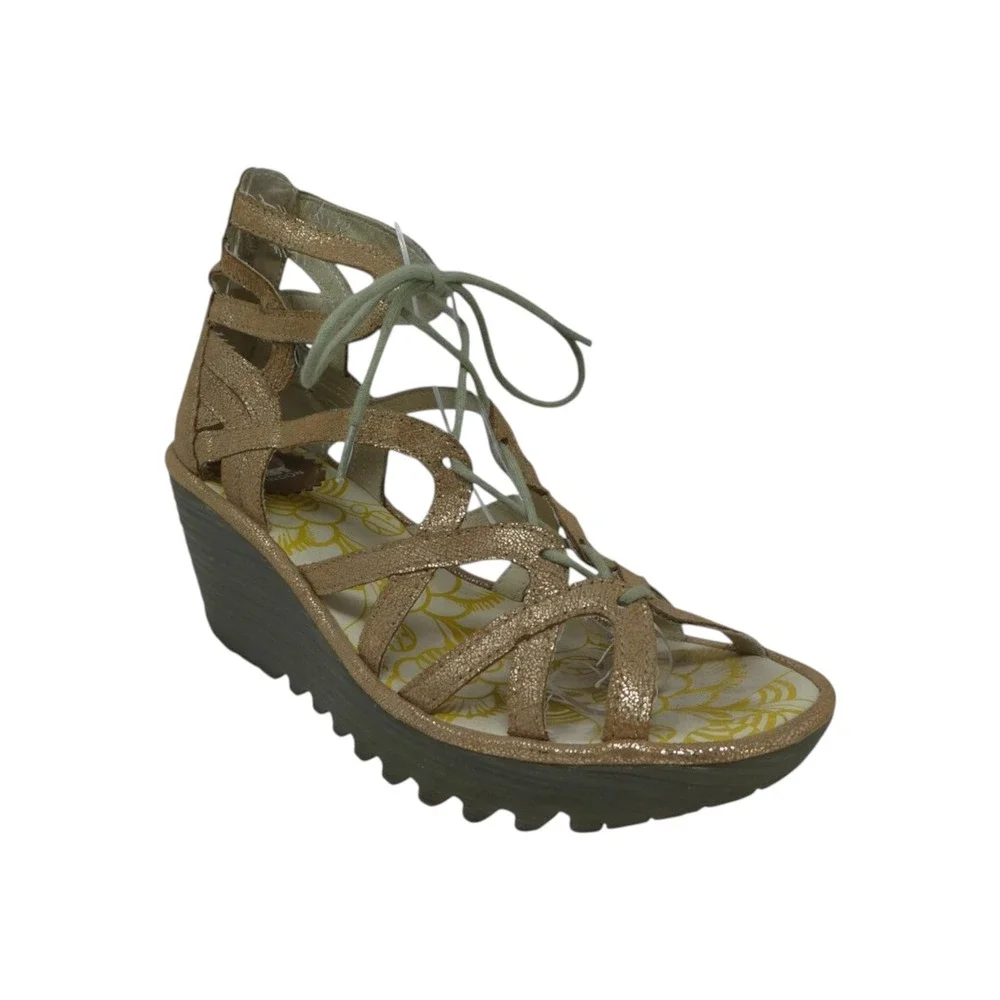 Fly London Yuke Wedge Sandals Women 38 Gold Metallic Lace Up Gladiator